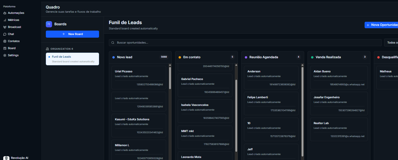 Kanban do funil de leads, com etapas e oportunidades organizadas