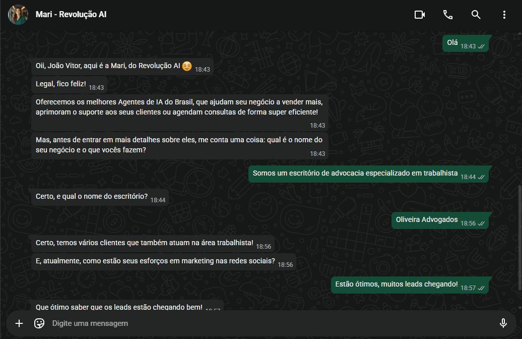 Conversa do agente no WhatsApp qualificando um lead