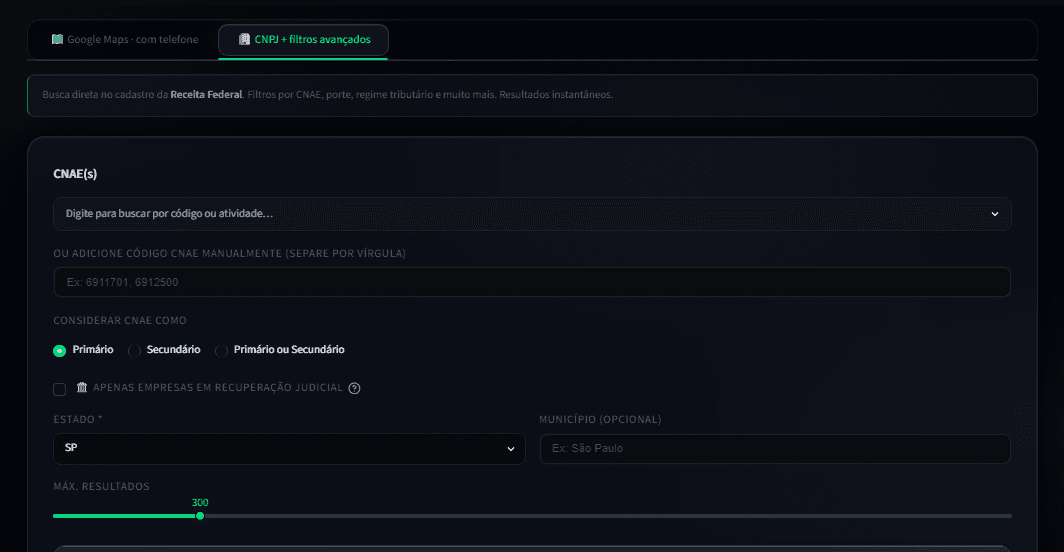 Aba de busca por CNPJ do Lead Extractor