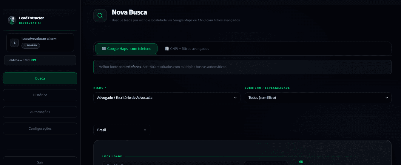 Painel do Lead Extractor com a busca por nicho e localização